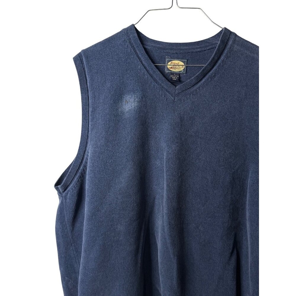 VTG Tommy Bahama Mens Large Sweater Vest Faded Navy Blue Gray Cotton Knit READ‎